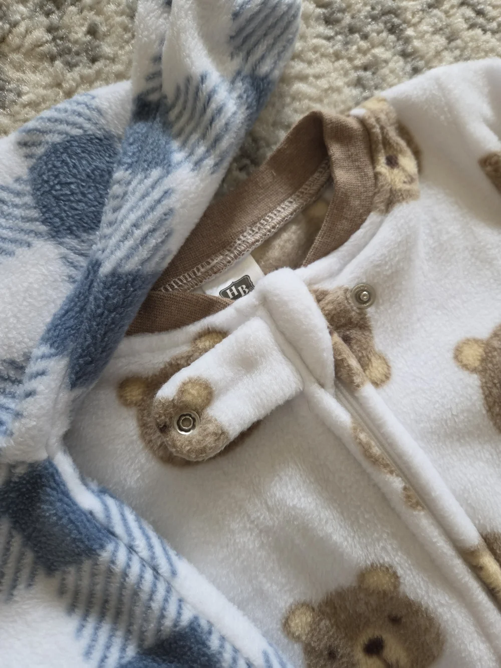 Fleece Baby Sleep Sack Pajamas - Blue Plaid & Brown Bear Prints 0-9 Months